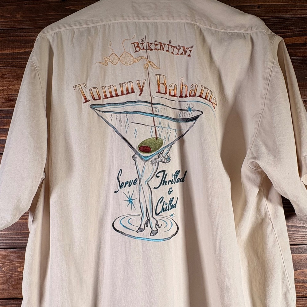Tommy Bahama Mens M Silk Camp Shirt Bikintini Martini Embroidered Cream SS